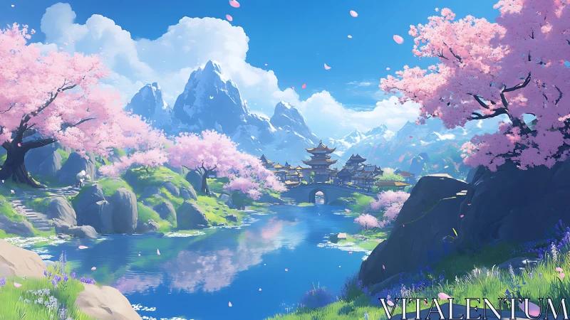 Blossom bridge kingdom under candy-blue mountain skies.