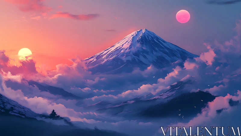 Snowy mountain peak under dual suns in dense pastel clouds