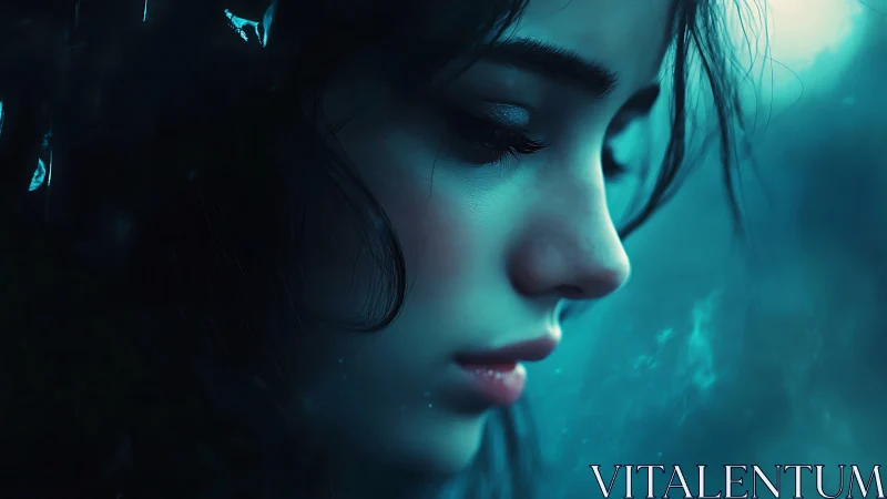 Side profile of young woman rendered in cool teal tones