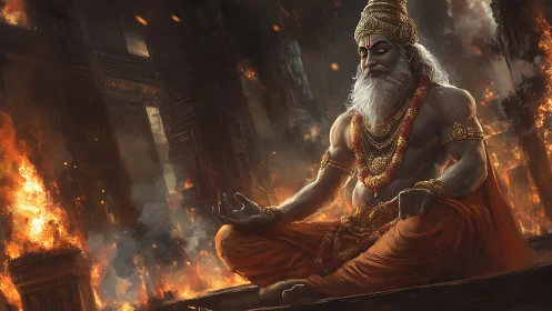 Digital painting of meditative deity amid burning ruins.