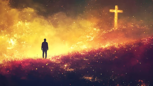 Silhouette walks through burning field toward radiant cross