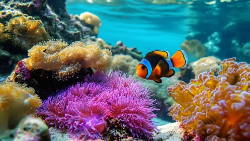 Playful clownfish gliding through a bright coral garden.
