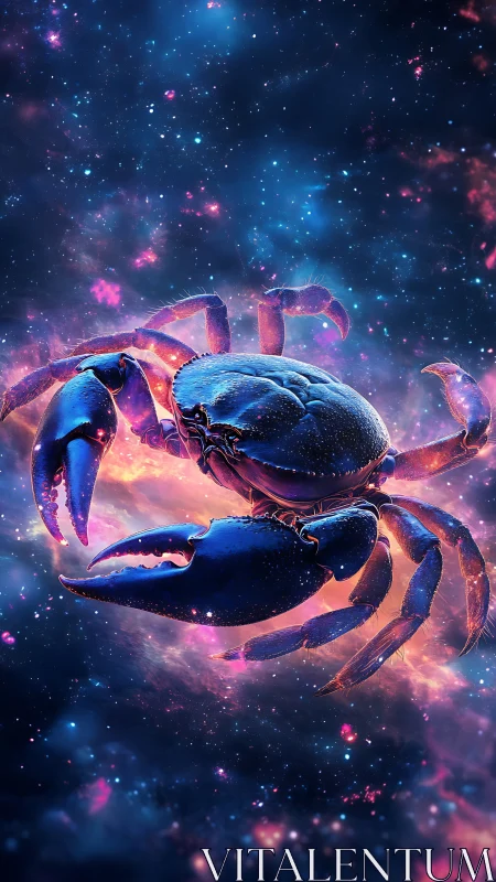 Blue cosmic crab floating in vivid nebula space scene.