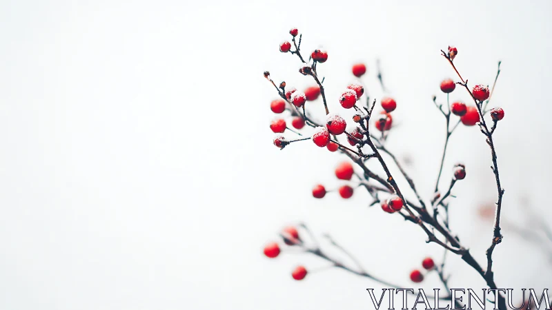 Red berries on snowy branches in minimalist winter photography.