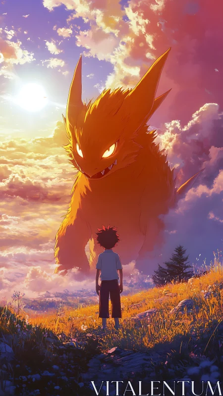 Anime sunset confrontation with colossal fiery beast silhouette.