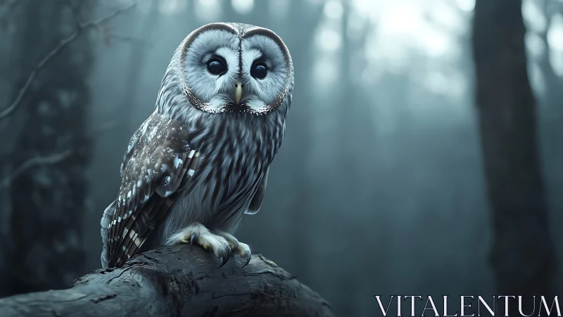 Barred owl perched on branch in misty forest, cinematic style.
