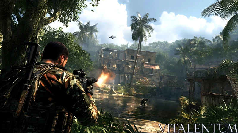 Jungle operative engaging targets by flooded ruins at dawn.