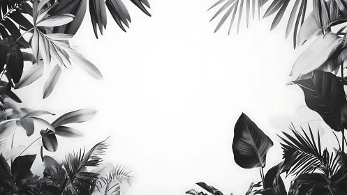 Monochrome tropical leaves frame with negative space center.