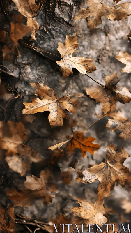 High-depth macro of mottled autumn maple leaves on forest floor