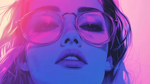 Close-up digital portrait with neon pink and blue lighting.