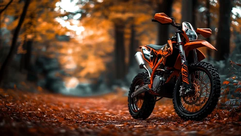 Orange enduro motorcycle dominates vibrant autumn forest trail.