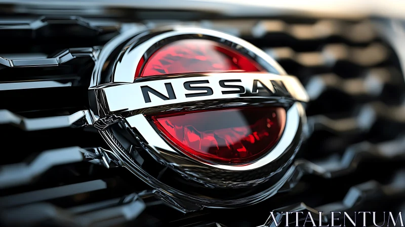 Close-up view of Nissan vehicle grille emblem in macro focus.