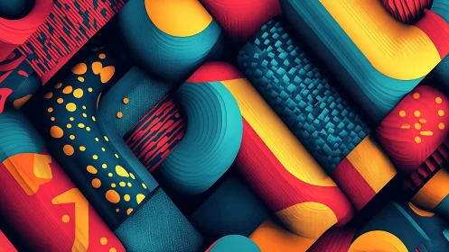 Bold geometric cylinders in teal, red, and yellow pattern