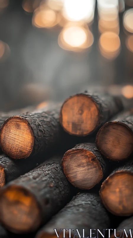 Cross-sectioned wood logs with warm diffused background lighting.
