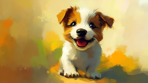 Joyful puppy portrait glows in warm painterly colors.