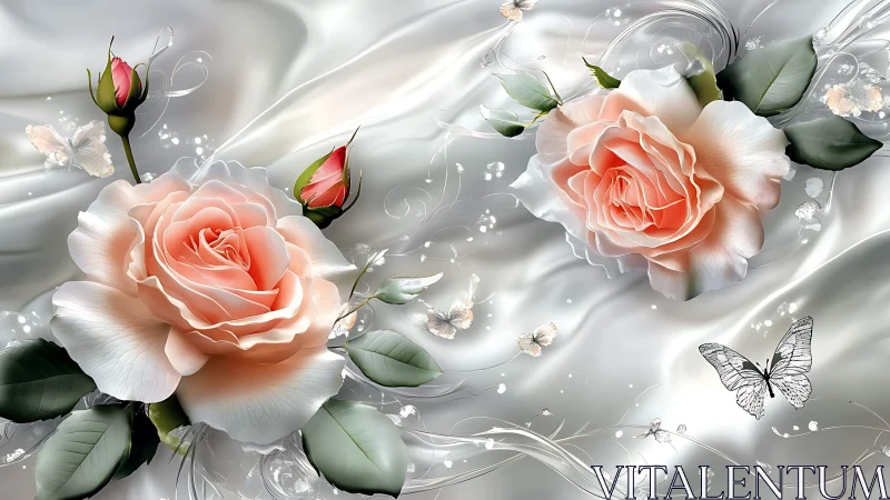 Coral Garden Roses with Volumetric Light and Butterflies.