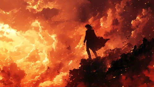 Solitary Wanderer Stands Amid Inferno's Blazing Majesty.