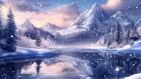 Snowfall serenade over glassy alpine twilight lake.