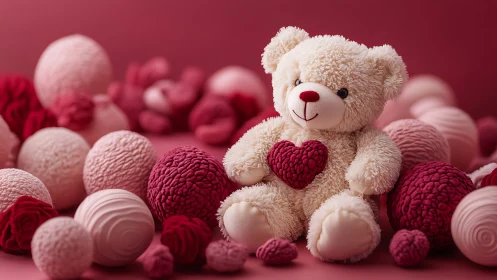 Plush teddy bear with heart amid pink sculpted spheres.