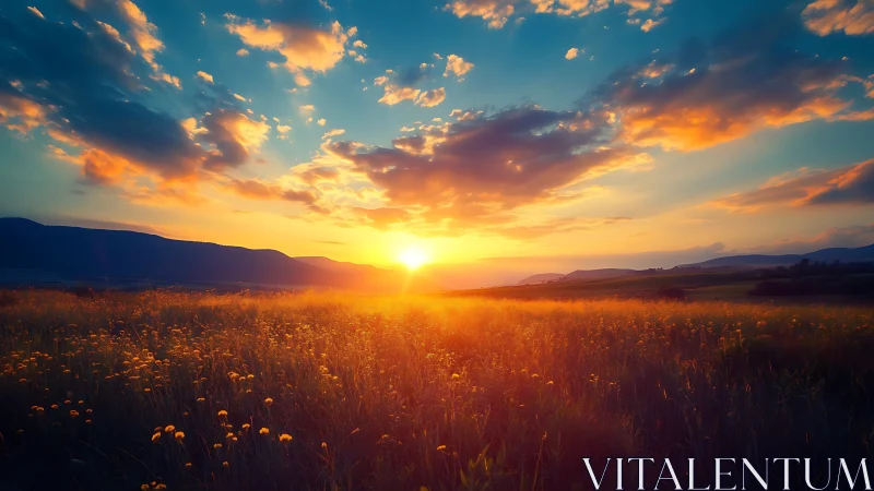 Wild meadow leans into a blazing sunset spilling liquid gold