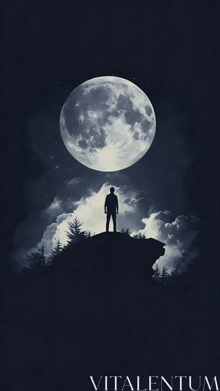 Silhouetted dreamer stands beneath an enormous glowing moon.