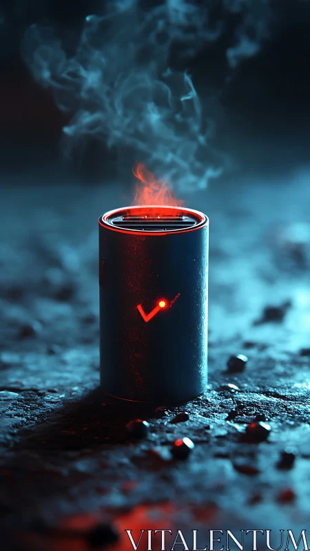 Futuristic heated cylinder emits red glow and dense smoke