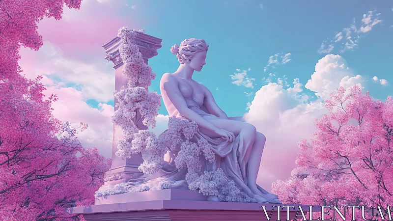 Marble statue and pillar in stylized pink landscape setting