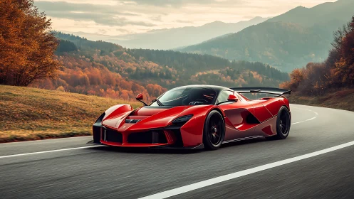 Crimson hypercar skims through autumn hillsides in a blaze