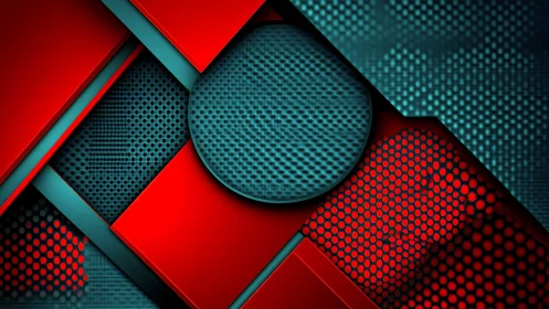 Geometric red panels with teal perforated tech surfaces.