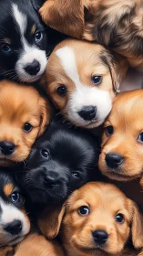 Puppy pile closeup with mixed coat colors and faces.