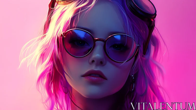 Neon glow girl in sunglasses and dreamy cyberpunk light.