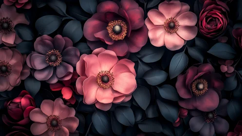 Velvet Blooms: Layered Floral Tapestry in Midnight.