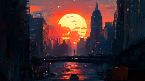 Digital painting of neon sunset cityscape with central bridge.