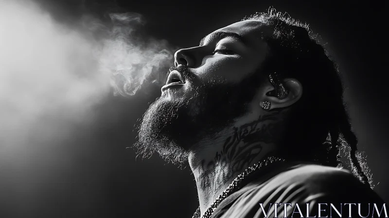 Monochrome portrait with exhaled vapor and rim lighting.