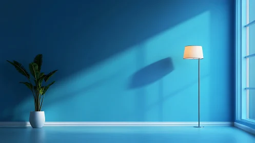 Rendered interior shows floor lamp and plant by blue wall