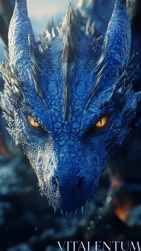 Blue dragon head close-up with glowing amber eyes.