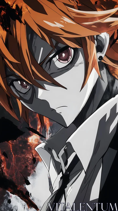 Intense anime portrait with high-contrast shading and molten backdrop