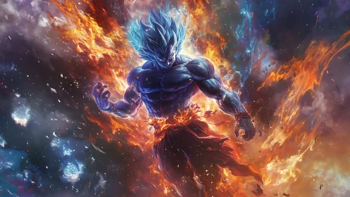 Blue haired energy warrior emerges from blazing cosmic fire