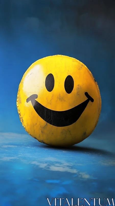 Weathered yellow smiley ball on cool blue studio background.