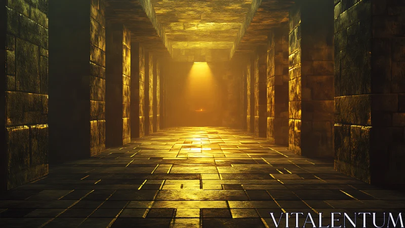 Stone corridor with central light beam in ancient hall.