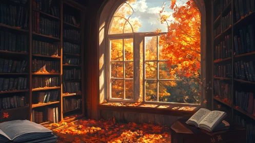 Autumn leaves whisper through a sunlit storybook library window.