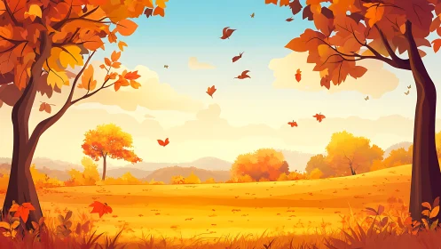 Autumn trees frame a rolling field under clear blue sky