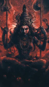 Intense fiery goddess figure with weapons in meditation.