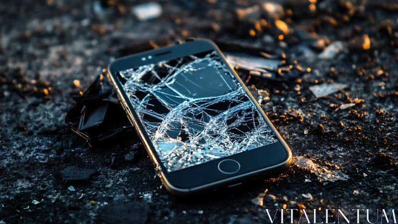Broken smartphone lies face up with screen completely shattered