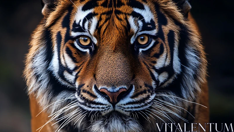 High-resolution frontal portrait of Bengal tiger in low light