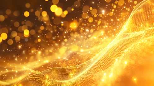 Abstract golden wave with glowing particles and bokeh lights.