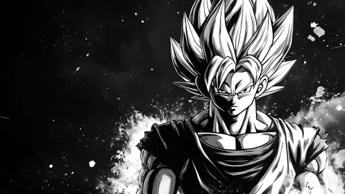 Monochrome anime warrior with spiked hair in void backdrop.