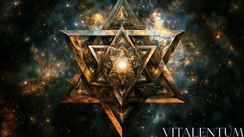 Stellar Tetrahedron Engine spinning in a glittering nebula.