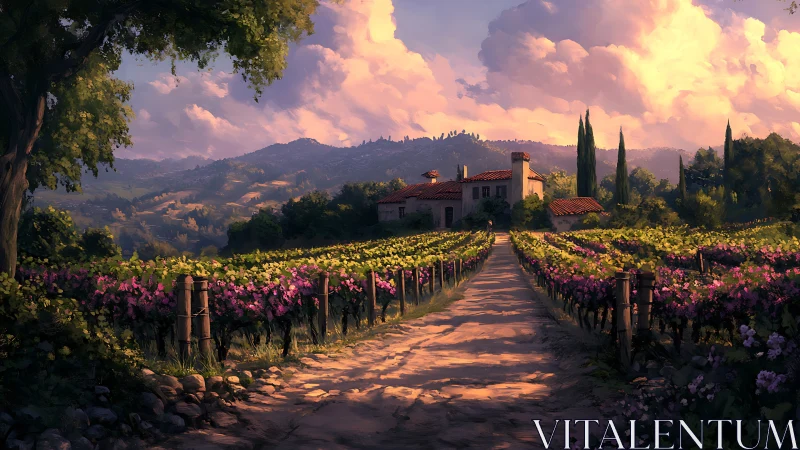 Sunlit viticultural avenue toward terracotta-roofed villa estate.