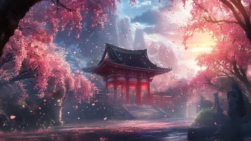 Temple courtyard under dense pink cherry blossoms at dawn.